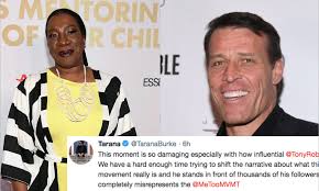 Screenshot of Tarana Burke's tweet in response to Tony Robbins negative comments about the 'me too' movement is overlayed atop the two figures profile pictures. Marie Devaux, career coach for women and minorities discusses the nuance of bias through the interaction in Spring 2018.